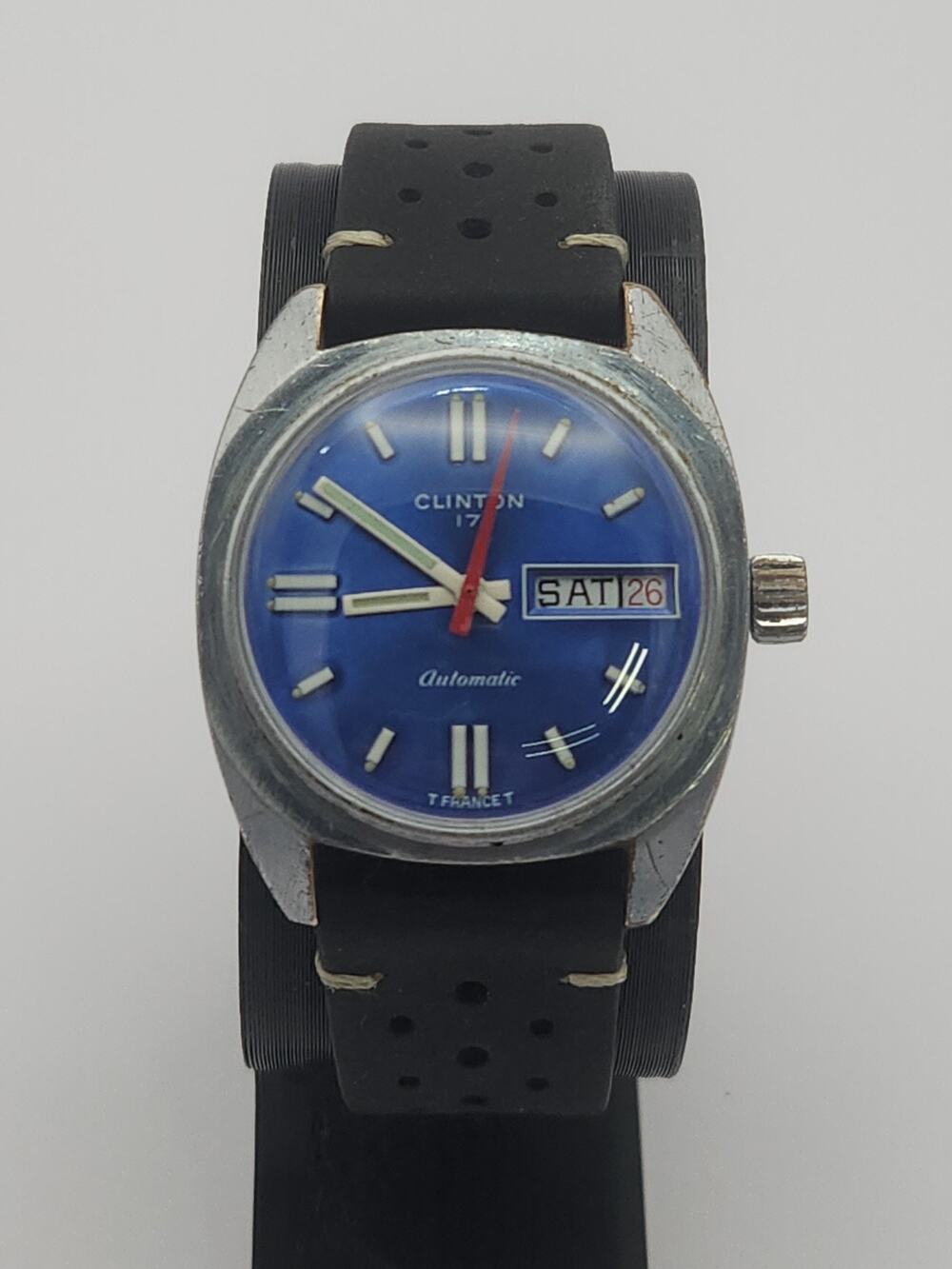 Clinton Watch Men Automatic Vintage 17 Jewels WR Day Date Blue, New Band